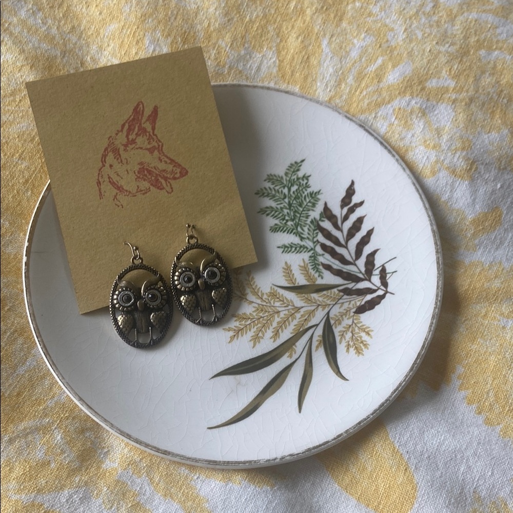 Brass and Silver Tone Owl Earrings